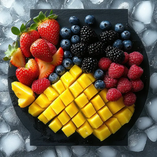 Assorted sliced mango and mixed berries sit on a black plate with ice cubes around them.