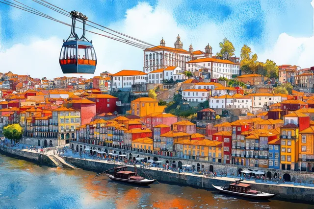 Porto cityscape painted sky with cable car above Douro river and orange rooftops reflection