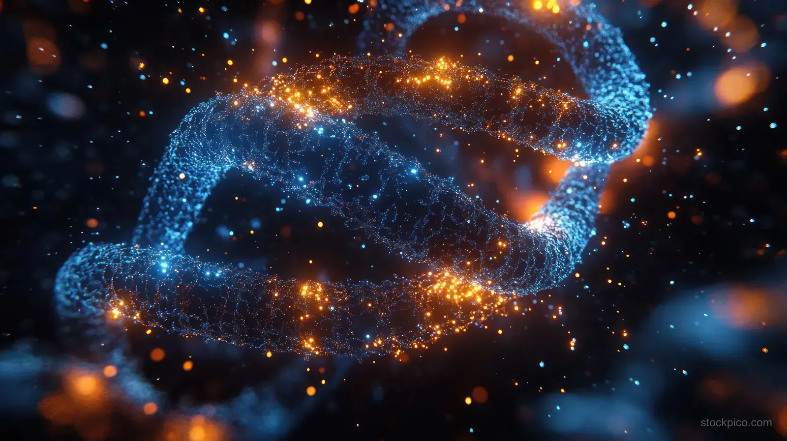 A glowing blue and orange digital DNA double helix floats in dark space surrounded by sparkling particles.