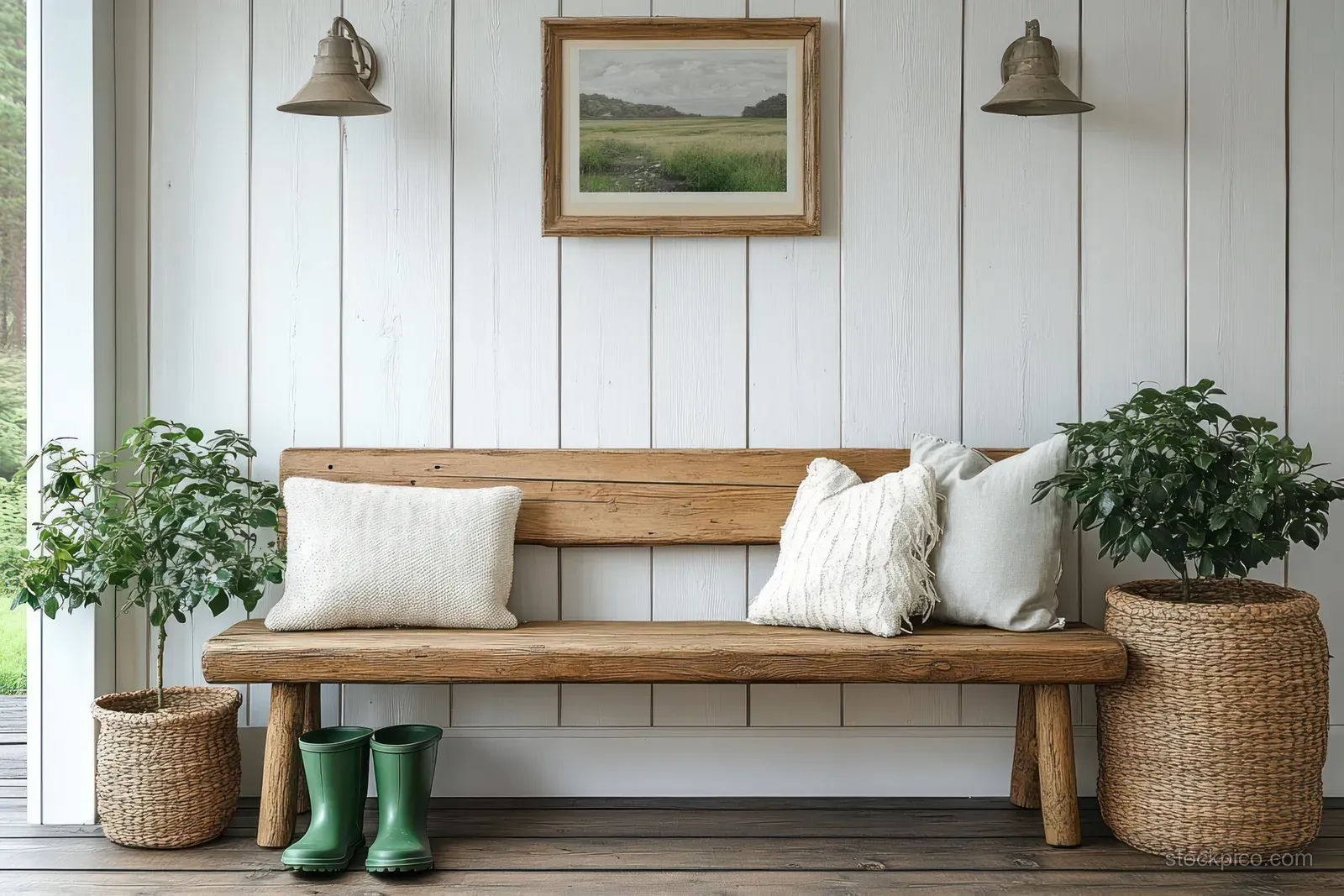 A wooden rustic bench in a bright Scandinavian entrance hall with cushions, potted plants, and green rubber boots.