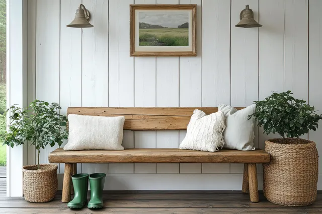 A wooden rustic bench in a bright Scandinavian entrance hall with cushions, potted plants, and green rubber boots.