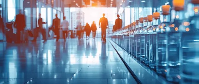 Blurred business people walking in a glass-walled office corridor with natural light streaks