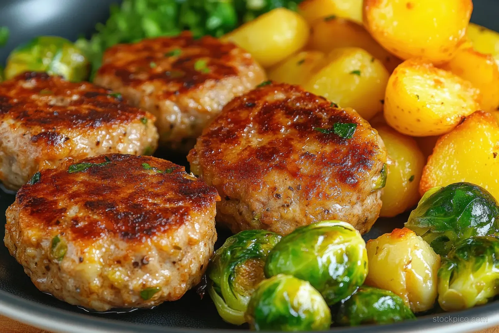 Crispy browned meat patties on a plate with Brussels sprouts and golden boiled potatoes.