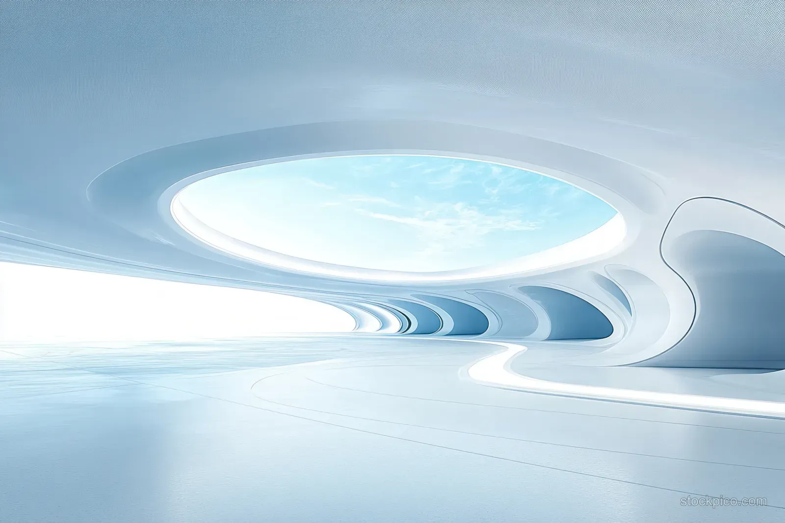 Empty futuristic white interior with a large oval skylight and flowing curved walls.