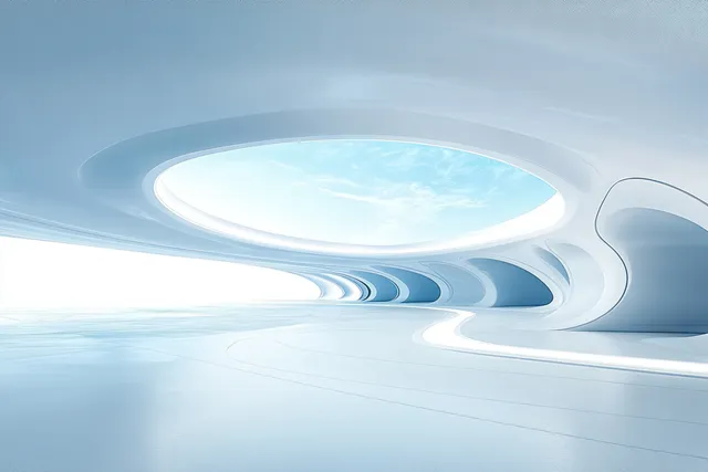 Empty futuristic white interior with a large oval skylight and flowing curved walls.