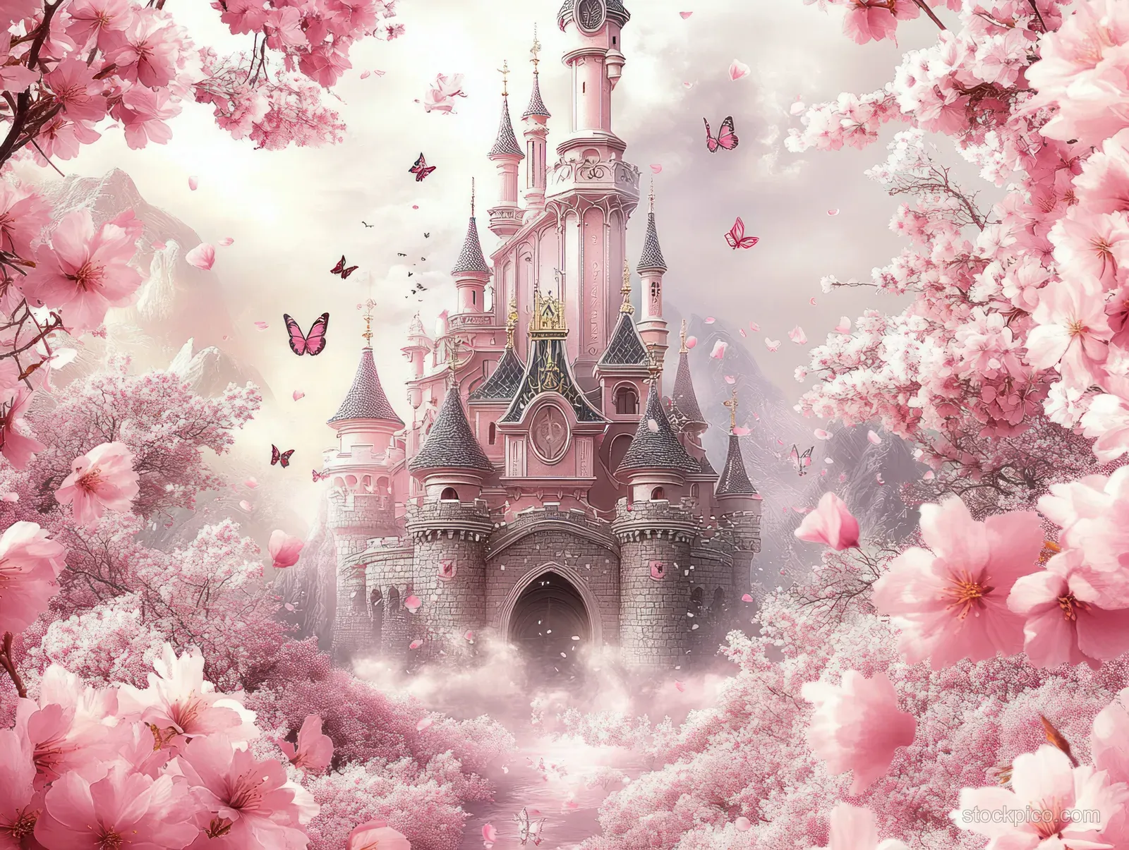 A pink fairytale castle stands in mist while cherry blossoms bloom around it and butterflies fly through the air.
