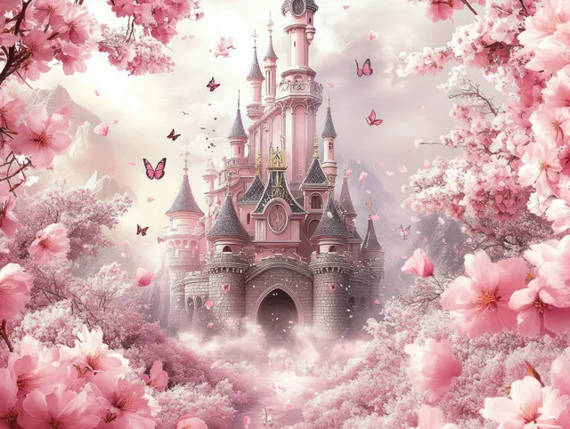 A pink fairytale castle stands in mist while cherry blossoms bloom around it and butterflies fly through the air.