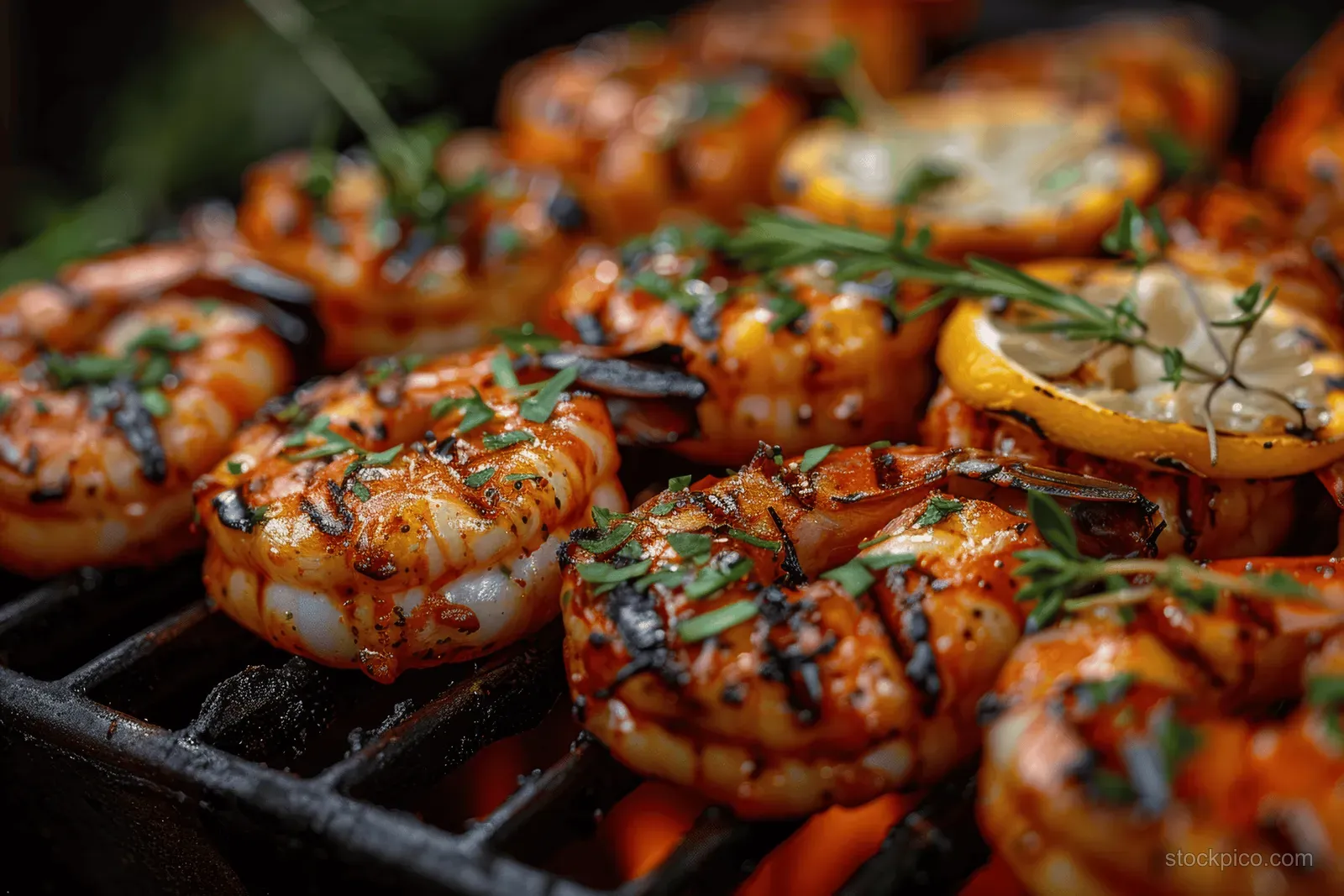 Grilled shrimp on a black grill pan with herbs and lemon wedges.