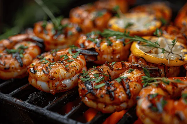 Grilled shrimp on a skillet with herbs and lemon wedges