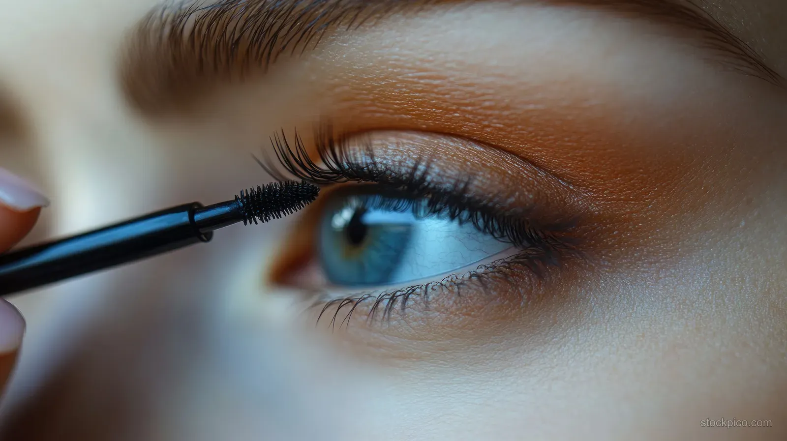 Close-up of a woman’s eye as a brush applies eyeliner under soft natural light with a blurred background.