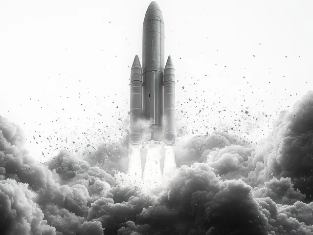 Large rocket launching upward through thick clouds, flames roaring and debris scattering outward