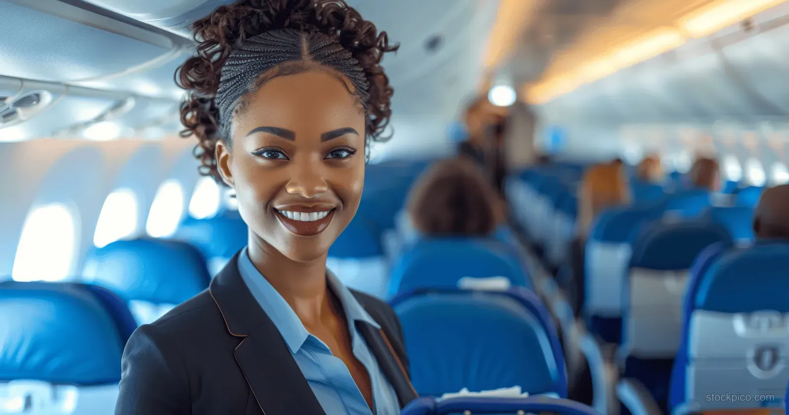 Smiling African American flight attendant stands in an airplane cabin beside blue seats while passengers sit behind her.