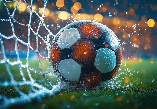 A soccer ball strikes the goal net, sending water droplets across a rain-soaked pitch with glowing lights behind.