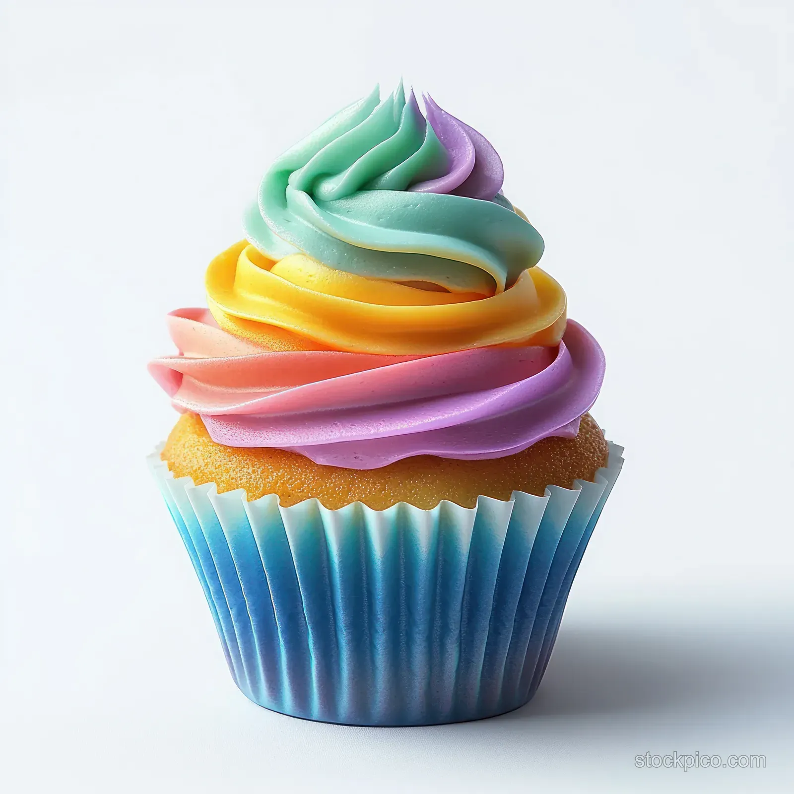 Single cupcake with pastel rainbow swirled frosting in a blue paper liner on a white background.