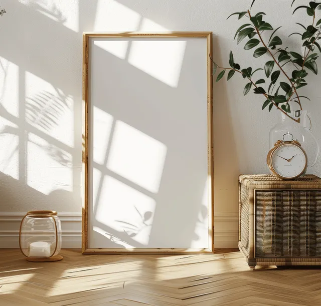 Wooden picture frame mockup in a bright white room beside a wicker cabinet and alarm clock under window sunlight.