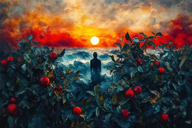 Silhouette figure standing among red fruit bushes under a fiery sunset and misty horizon