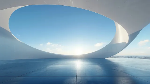 Futuristic white curved building exterior with a circular ceiling opening showing blue sky and empty concrete terrace.
