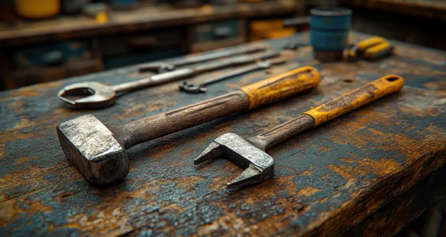 Hammer and wrenches arranged on a worn wooden workbench with dramatic shadow lighting.
