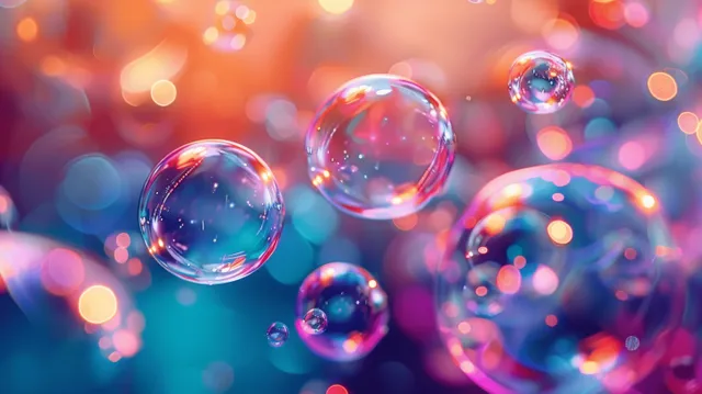 Colorful soap bubbles floating over a blurred cinematic bokeh background with rainbow highlights
