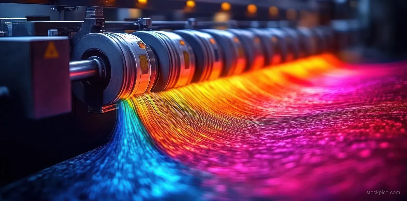 Rotating rollers draw multicolored fibers into a smooth flowing ribbon of blue, red, yellow, and pink.