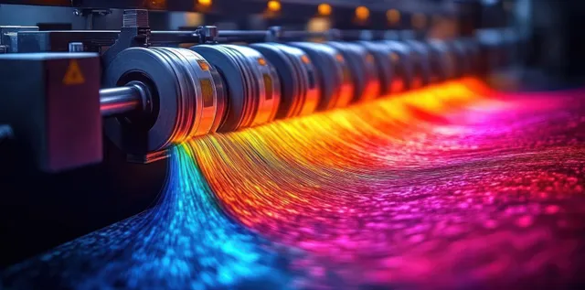 Rotating rollers draw multicolored fibers into a smooth flowing ribbon of blue, red, yellow, and pink.