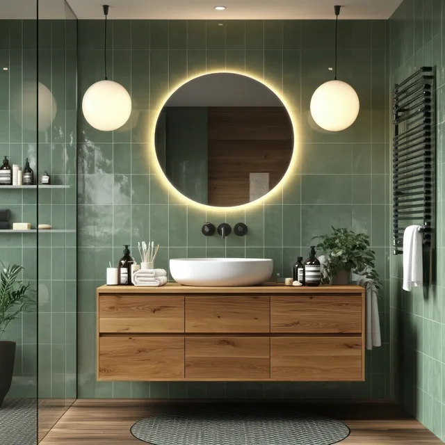 Wooden bathroom vanity sits beneath a glowing circular mirror on green tiled walls with pendant lights overhead.
