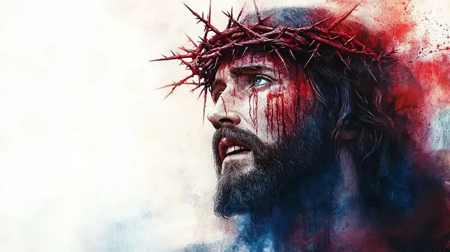 Crown of thorns portrait with blood streaks and anguished gaze against red and blue