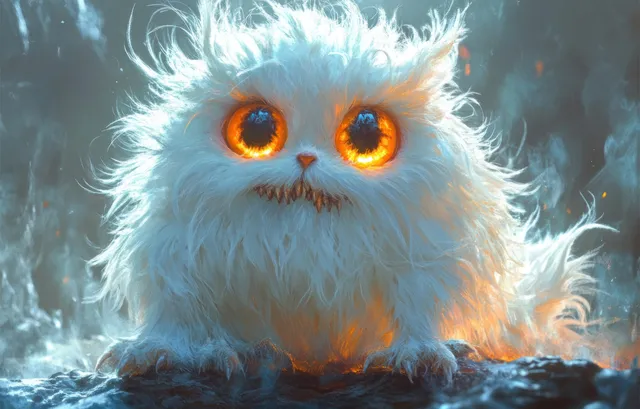 Whimsical fluffy monster creature with glowing orange eyes in a misty forest
