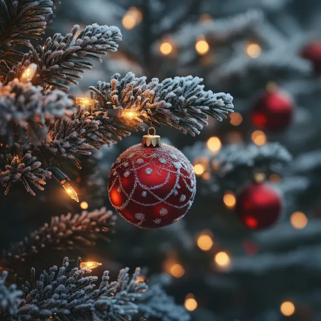 Frosted Christmas tree branch with red ornament and glowing fairy lights in snowy bokeh