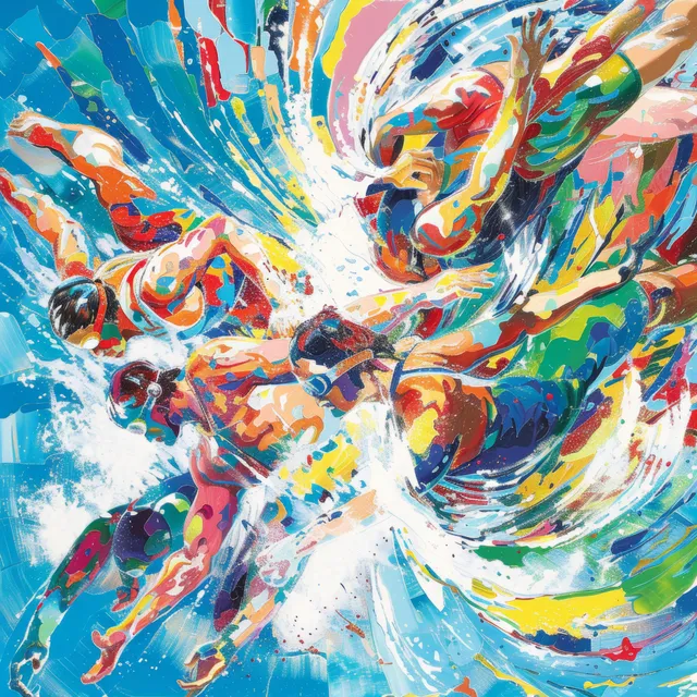 Stylized women’s freestyle swimmers race through a colorful splash swirl in a pool lane.