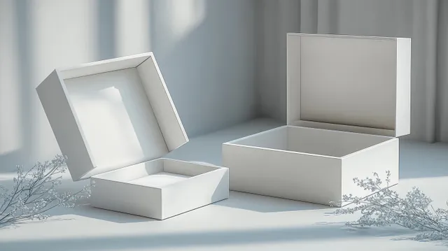 White gift boxes open and closed on a table with soft daylight and minimal styling