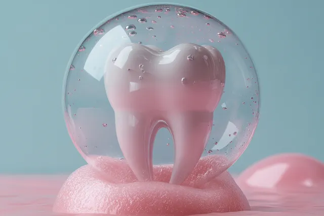 A shiny white tooth stands inside a transparent soap bubble above a pink gum base with tiny droplets.