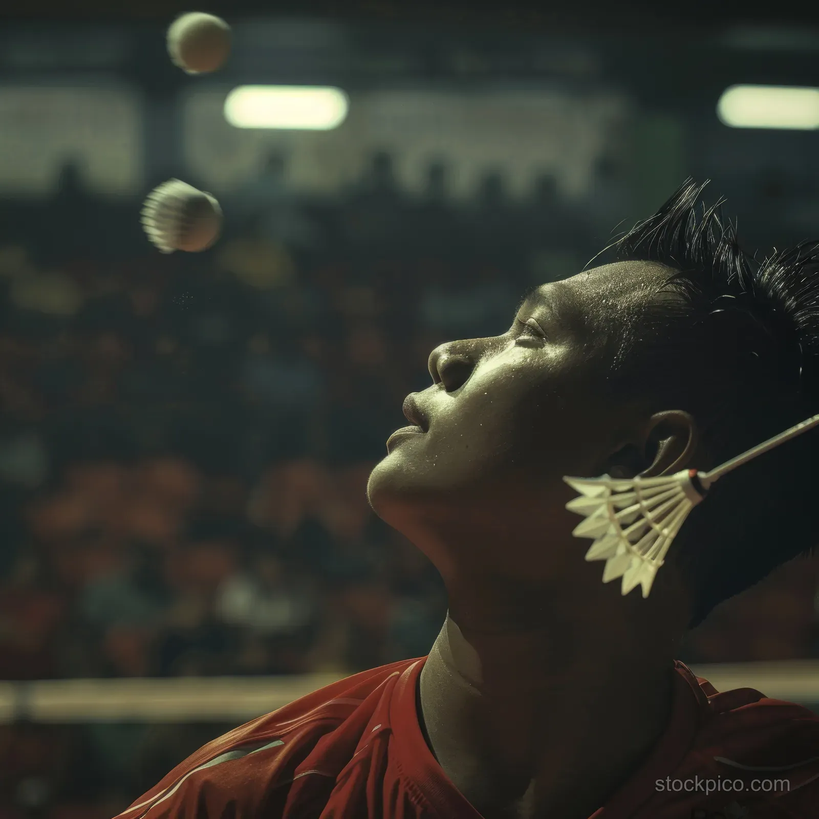 An Indonesian badminton player concentrates mid-rally with the shuttlecock near his face in a crowded indoor arena.