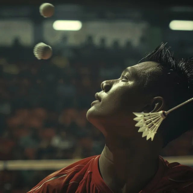 An Indonesian badminton player concentrates mid-rally with the shuttlecock near his face in a crowded indoor arena.