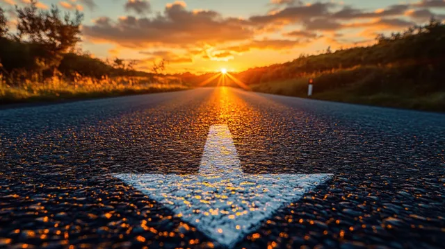 White arrow road marking points ahead toward an orange sunset with cloudy sky and surrounding trees and grass.