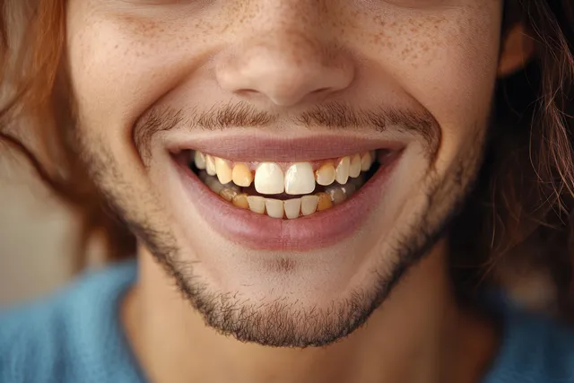 Young man smiles in natural light showing missing front teeth in a close-up portrait.