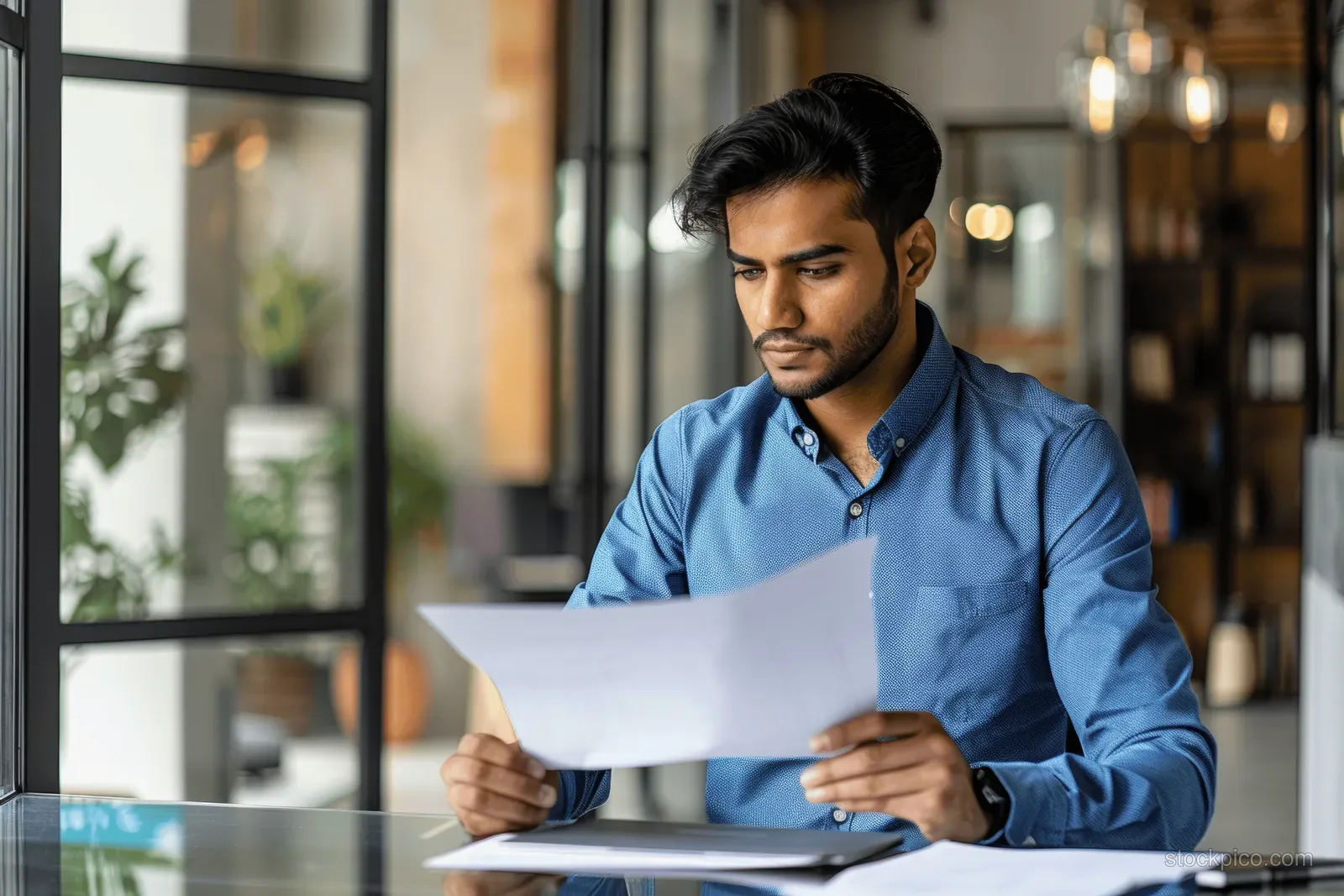 Young professional holding printed documents at a desk with a laptop in a bright office near glass doors.