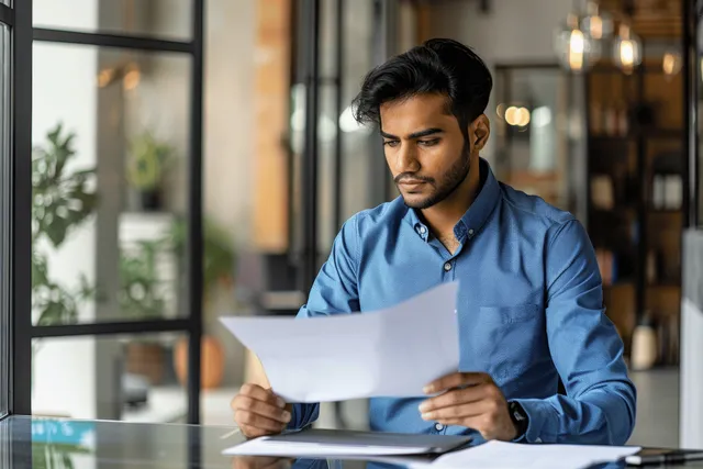 Young professional holding printed documents at a desk with a laptop in a bright office near glass doors.