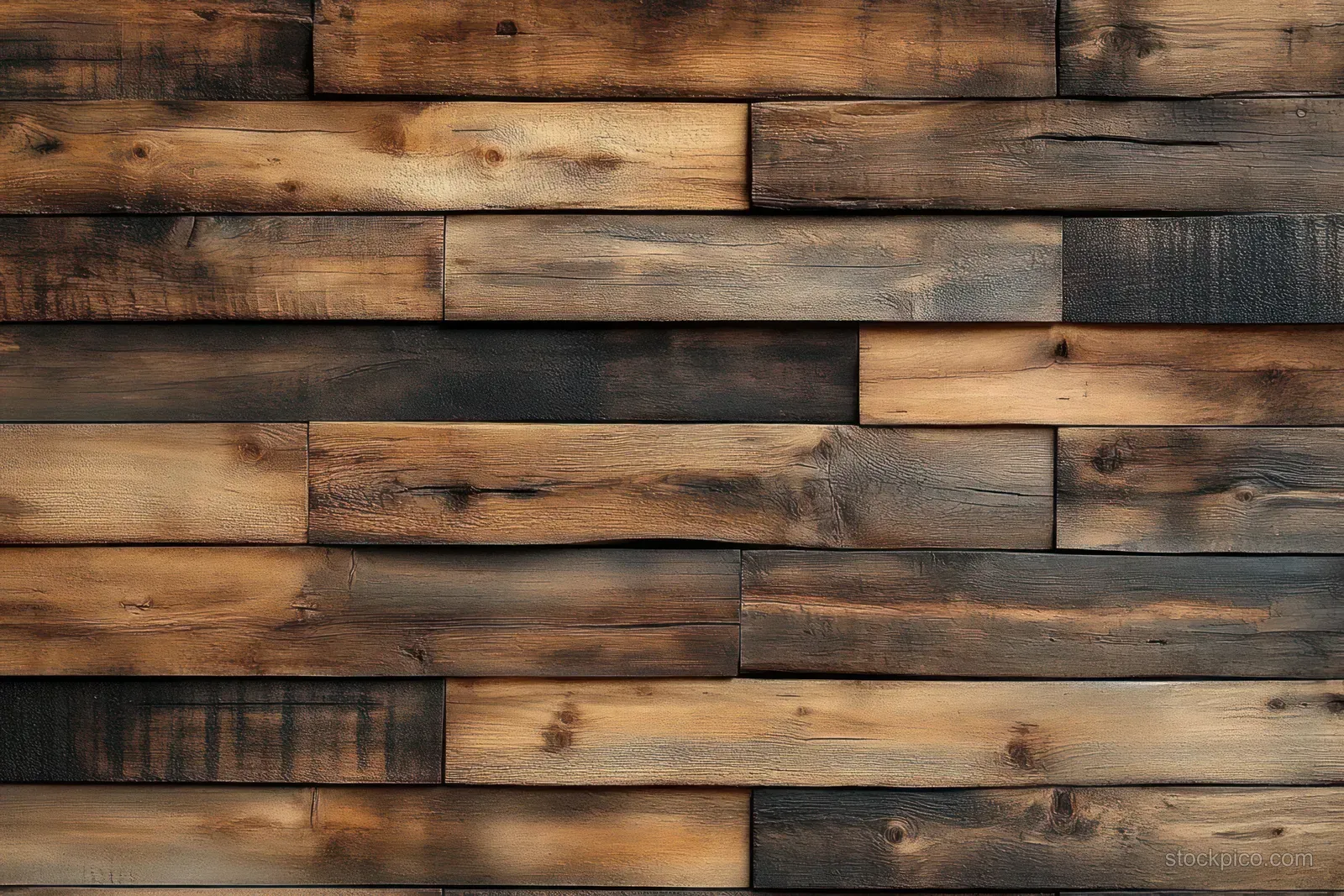 Close-up of a rustic wall of horizontally arranged wooden planks showing varied brown grain and knots.
