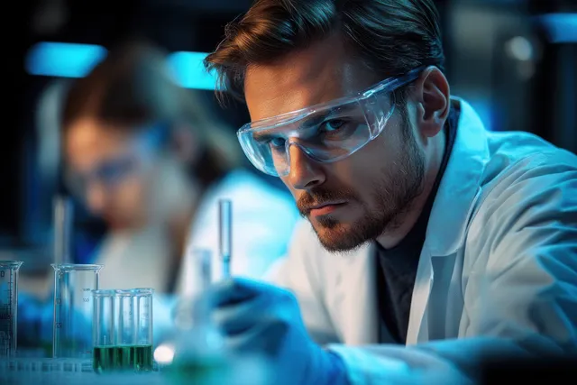 Male scientist wearing lab gloves studies beakers of green liquid in a laboratory with a blurred coworker behind.