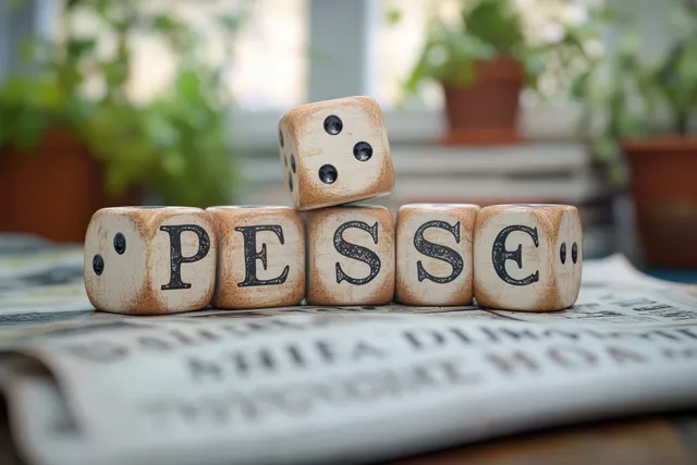 Dice arranged to spell “PESSE” rest on an open newspaper with blurred headline text behind them.