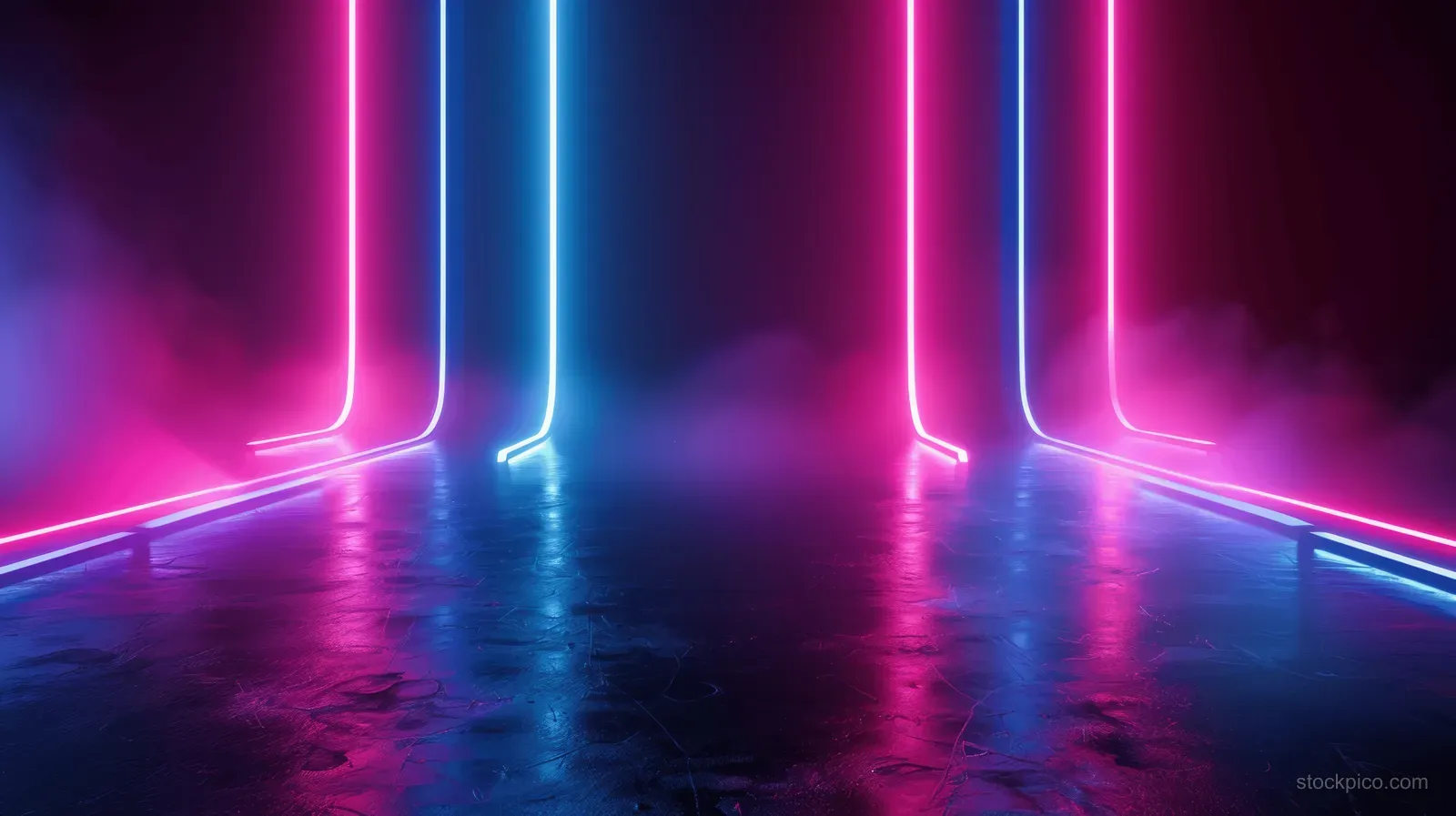 Glowing vertical neon lines in a dark corridor over a reflective floor with magenta and cyan light.