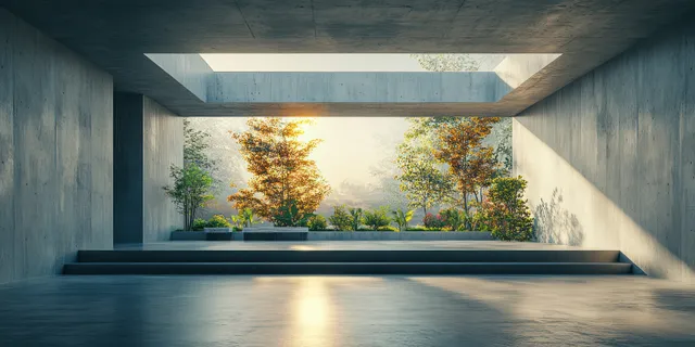 Empty concrete interior with skylights projecting sunlight and framing trees beyond a central opening.