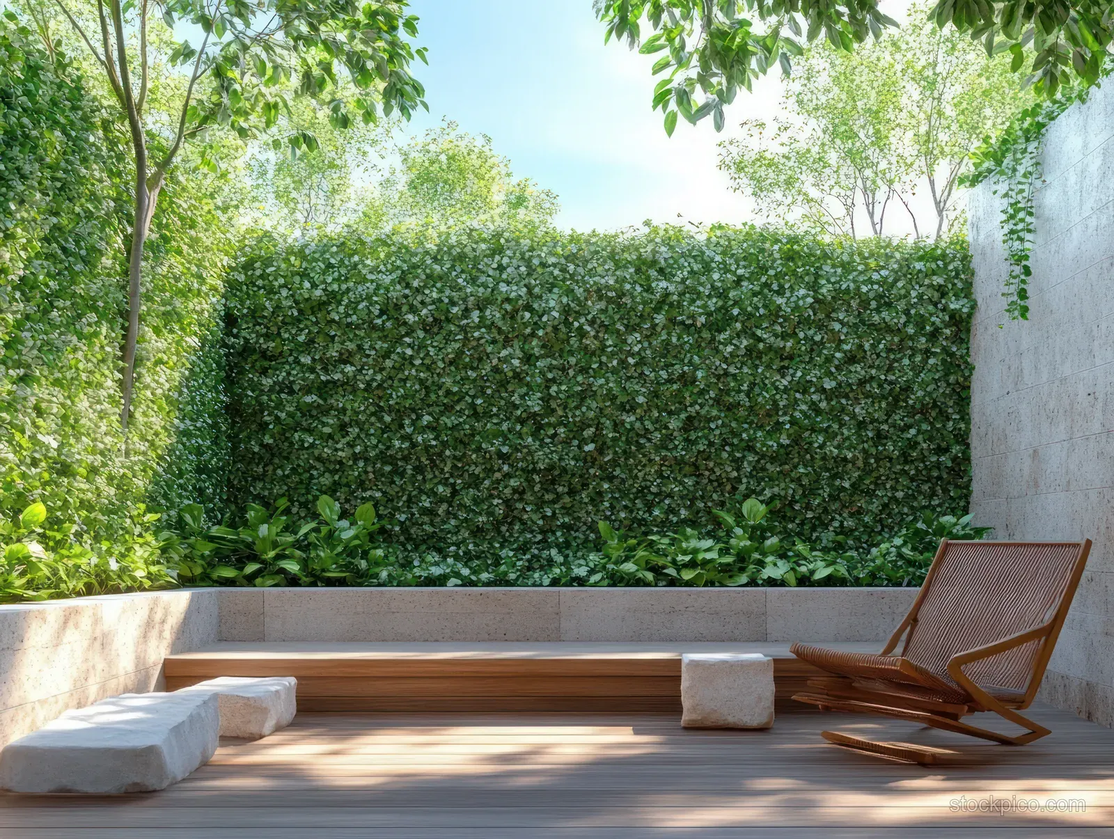 Wooden lounge chair and stone bench seating on a minimalist terrace beside lush green hedges in bright sunlight.