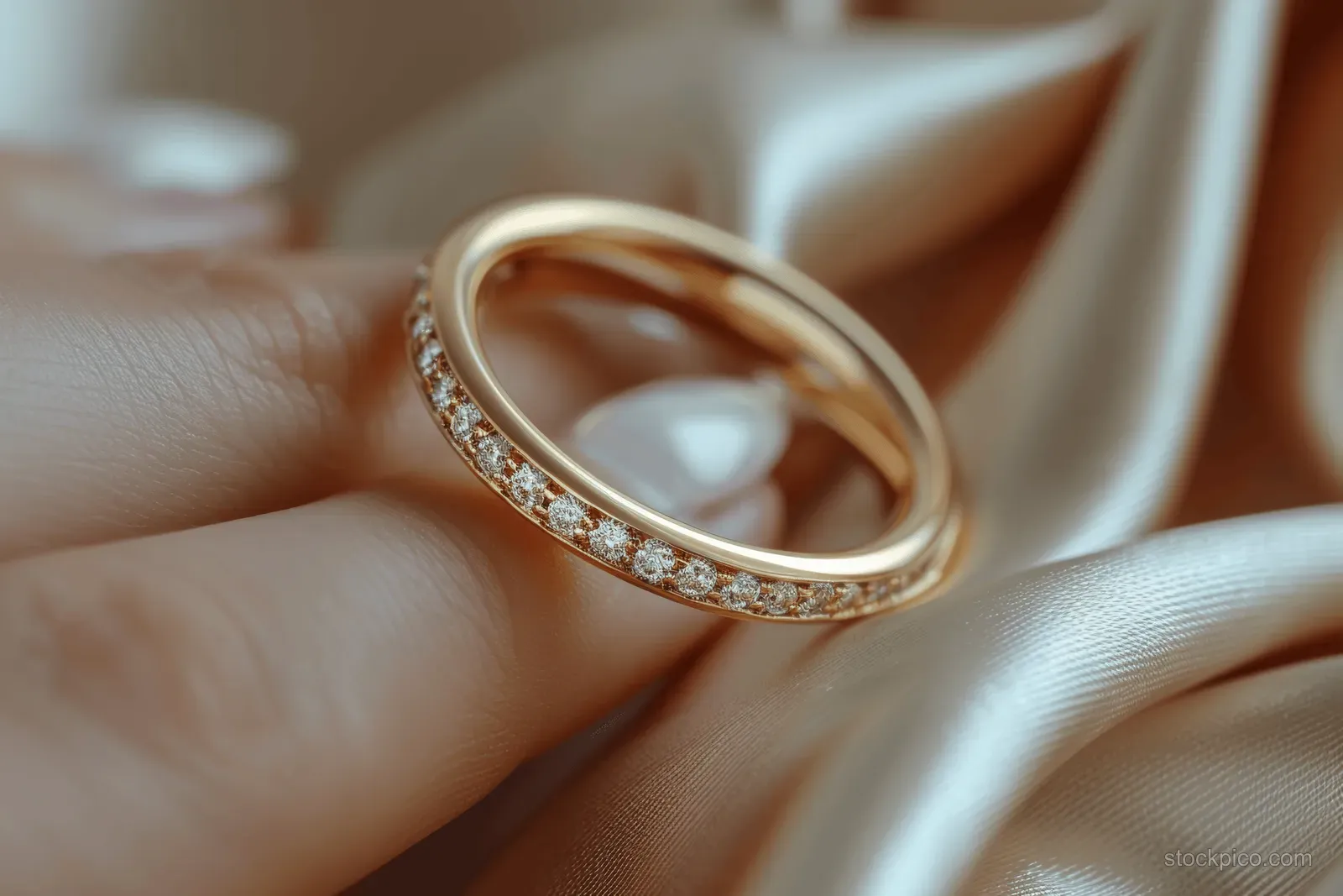 Gold diamond ring on a finger with small stones sparkling against silky cream fabric.