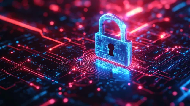 Glowing blue digital padlock over red and blue circuit board network.