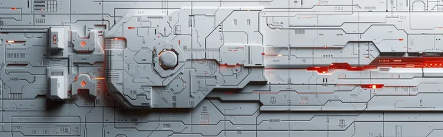 Flat view of interlocking sci-fi wall panels with red circuit details inside a shielded space station interior.