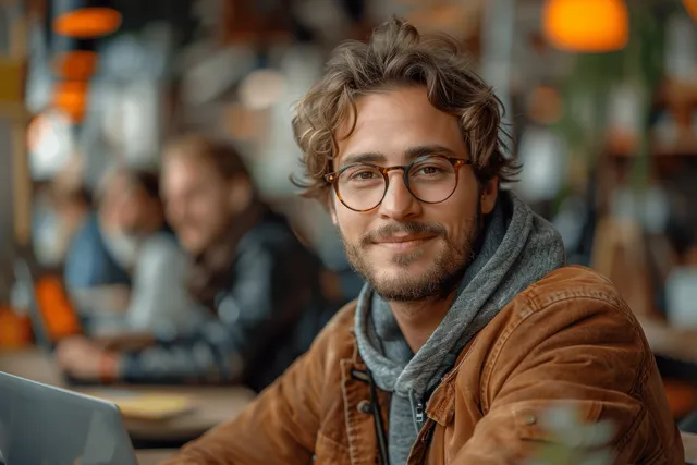 A smiling young entrepreneur works on a laptop in a modern office, exuding a friendly and productive atmosphere.