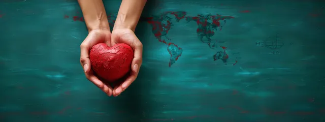 Hands holding a red heart in front of a teal background with a world map.
