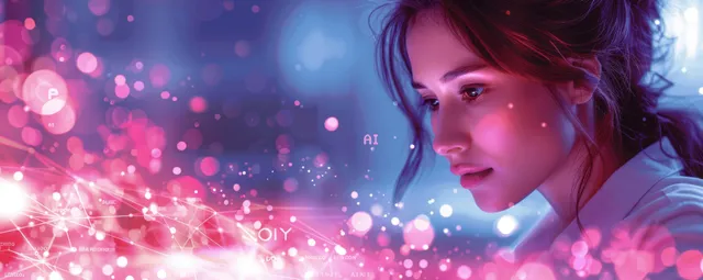 Businesswoman using tablet with AI data science visuals and glowing network overlays
